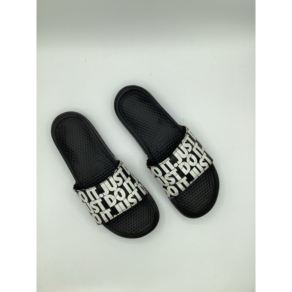 Sz 12 - Nike Black White Slide Benassi 'Just Do It' AOL Logo Slippers Flip Flops